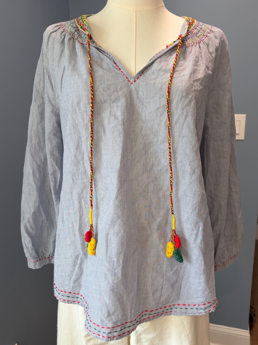 Velvet by Graham & Spencer Striped Embroidered Peasant Blouse Medium
